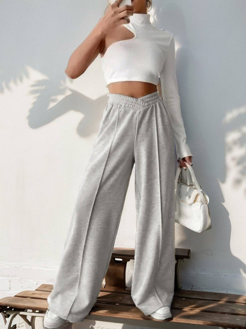 Solid Knit Wide Leg Pants High Waist Athleisure