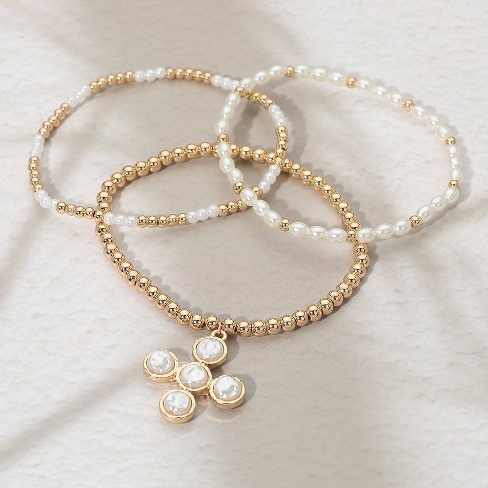 3PCS - Pearl Cross Charm Beaded Stretch Multi Layered Bracelets