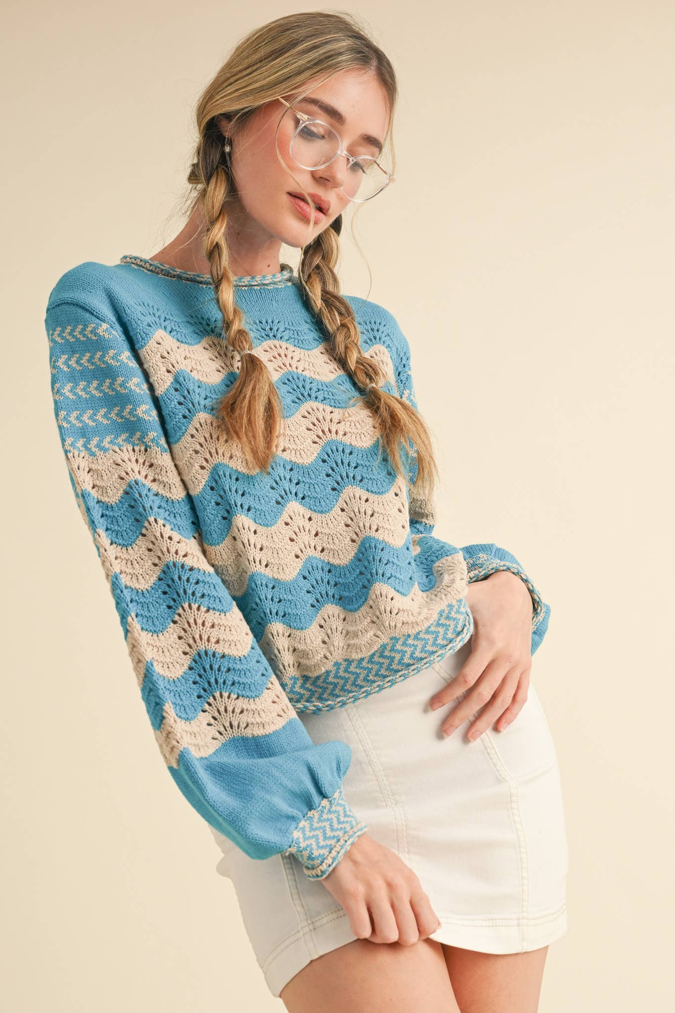 WAVY STRIPE PUFF SLEEVE SWEATER MSW10693