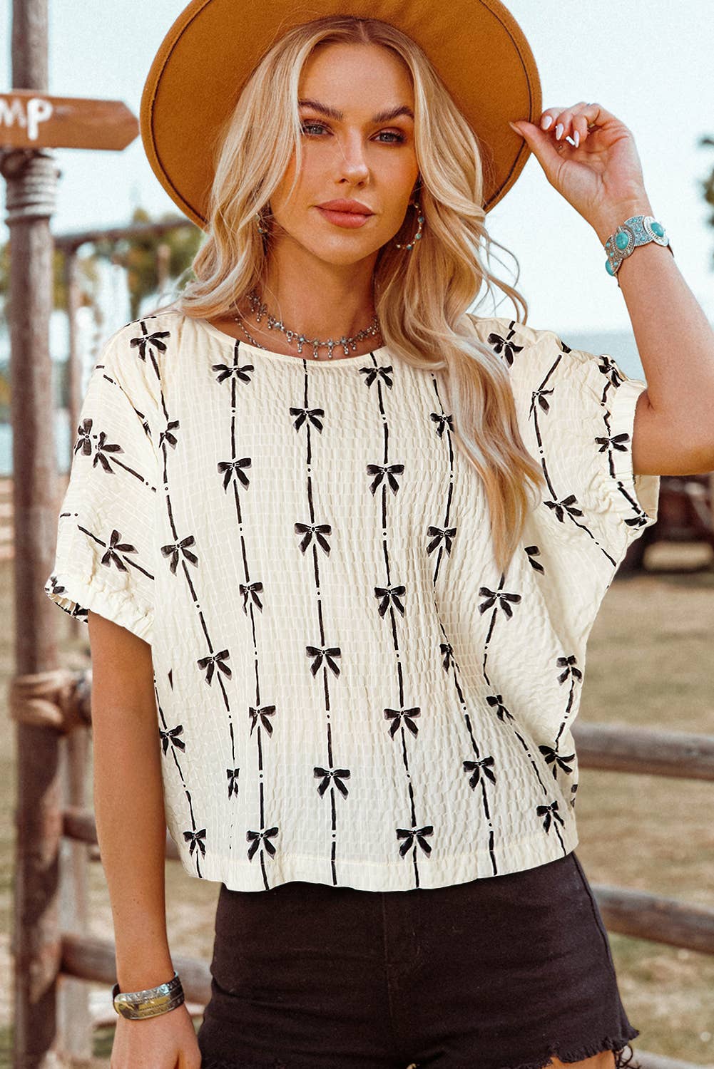 Spring Fashion-W Bow Print Puff Short Sleeve Top