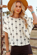 Spring Fashion-W Bow Print Puff Short Sleeve Top