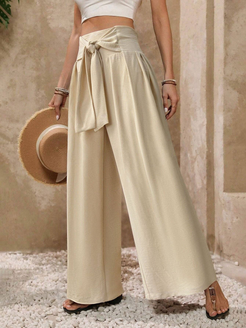 Tie Front Textured Wide Leg Palazzo Pants