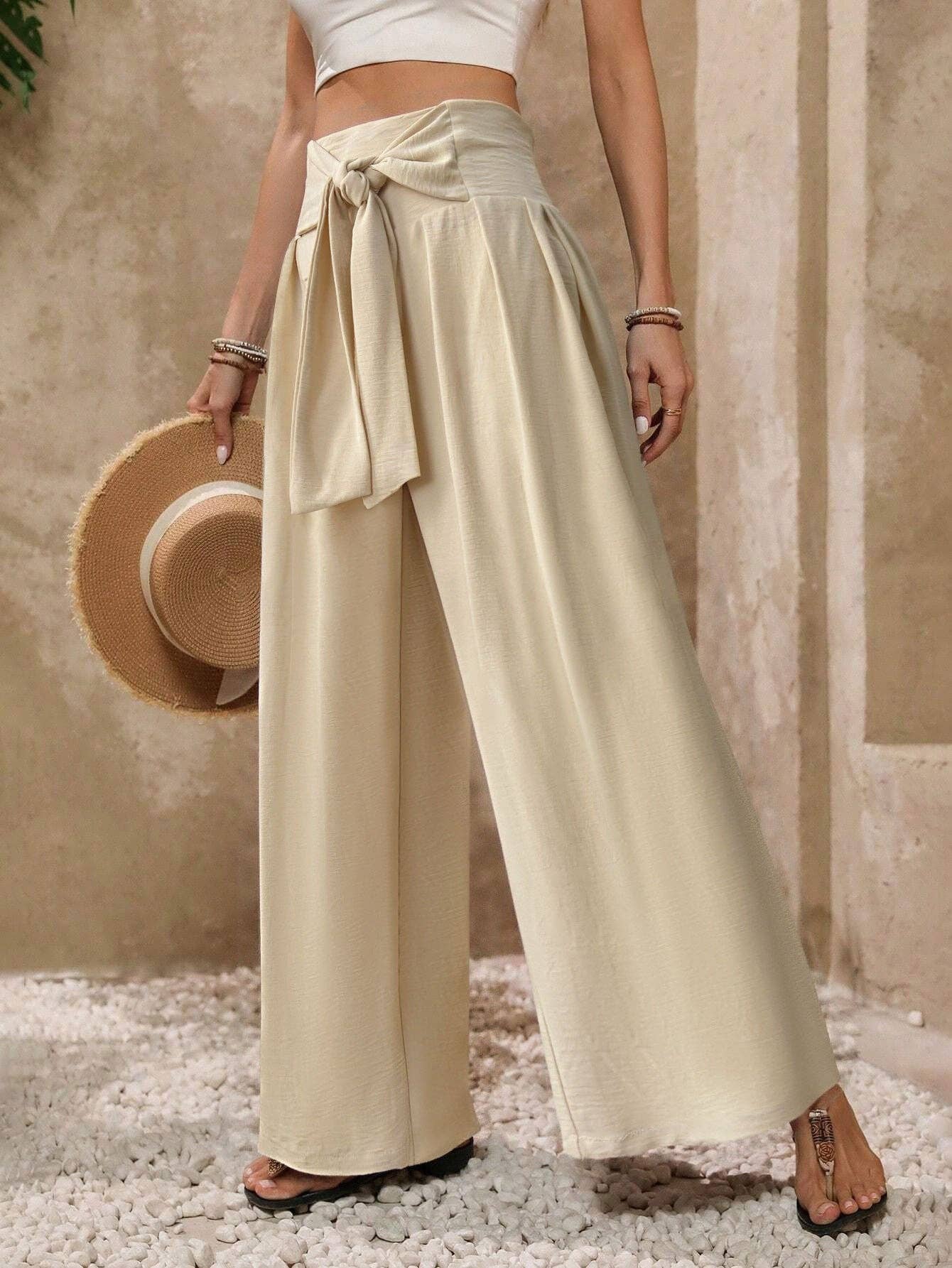 Tie Front Textured Wide Leg Palazzo Pants