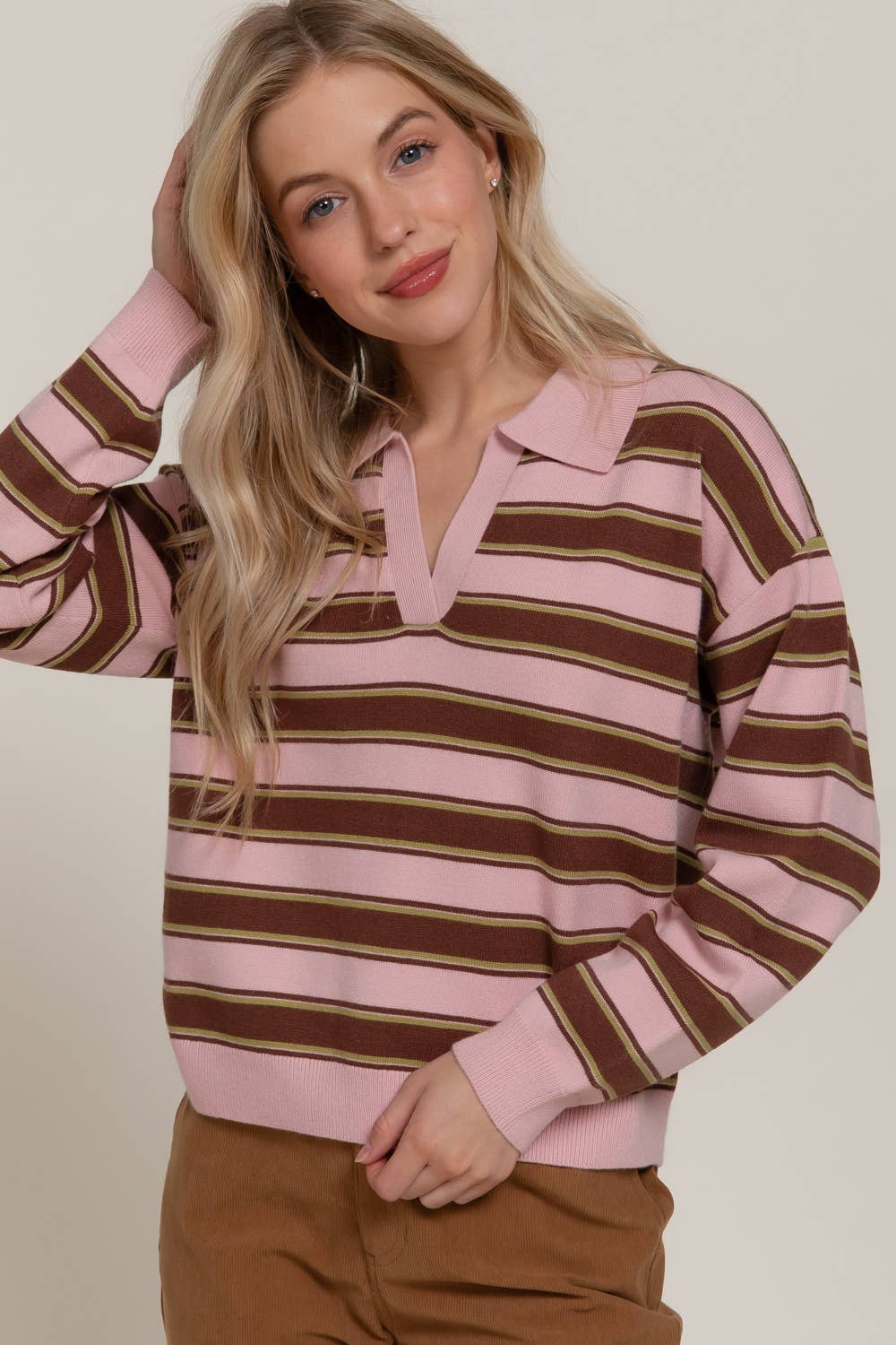 Long Sleeve Multi Stripe Polo Sweater