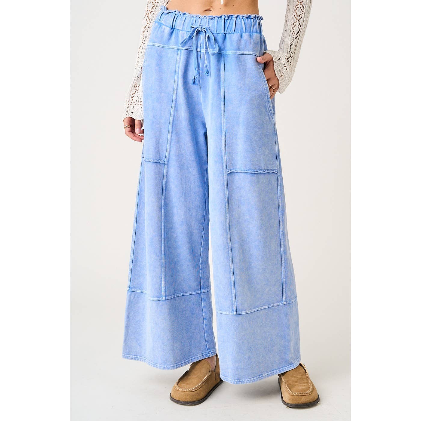 MINERAL WASH SEAM DETAIL WIDE LEG PANTS