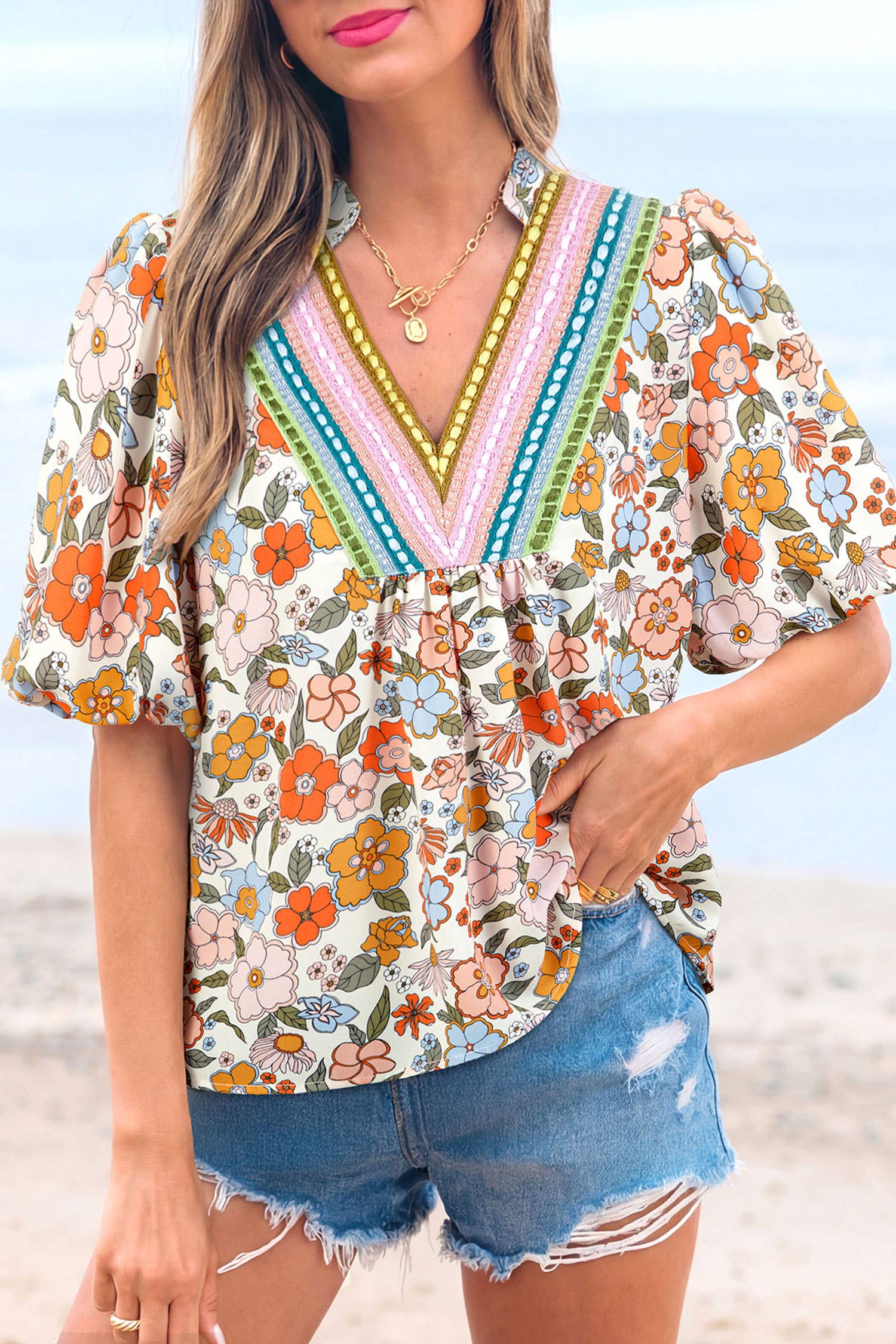 Summer Fashion Crochet Boho Half Sleeve Floral Blouse