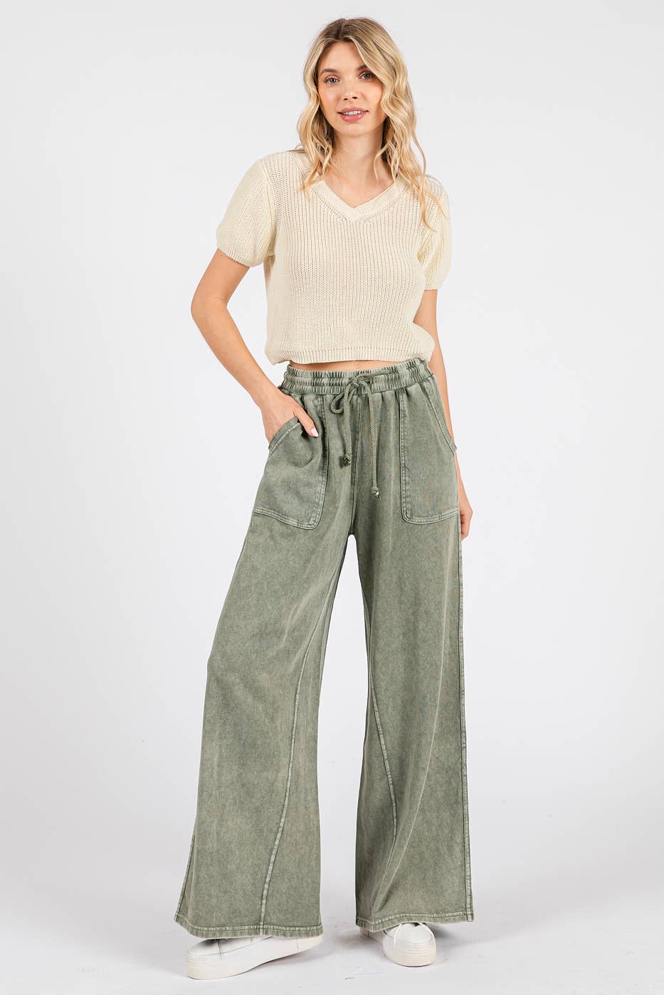 MINERAL WASH FRENCH TERRY WIDE LEG PANTS