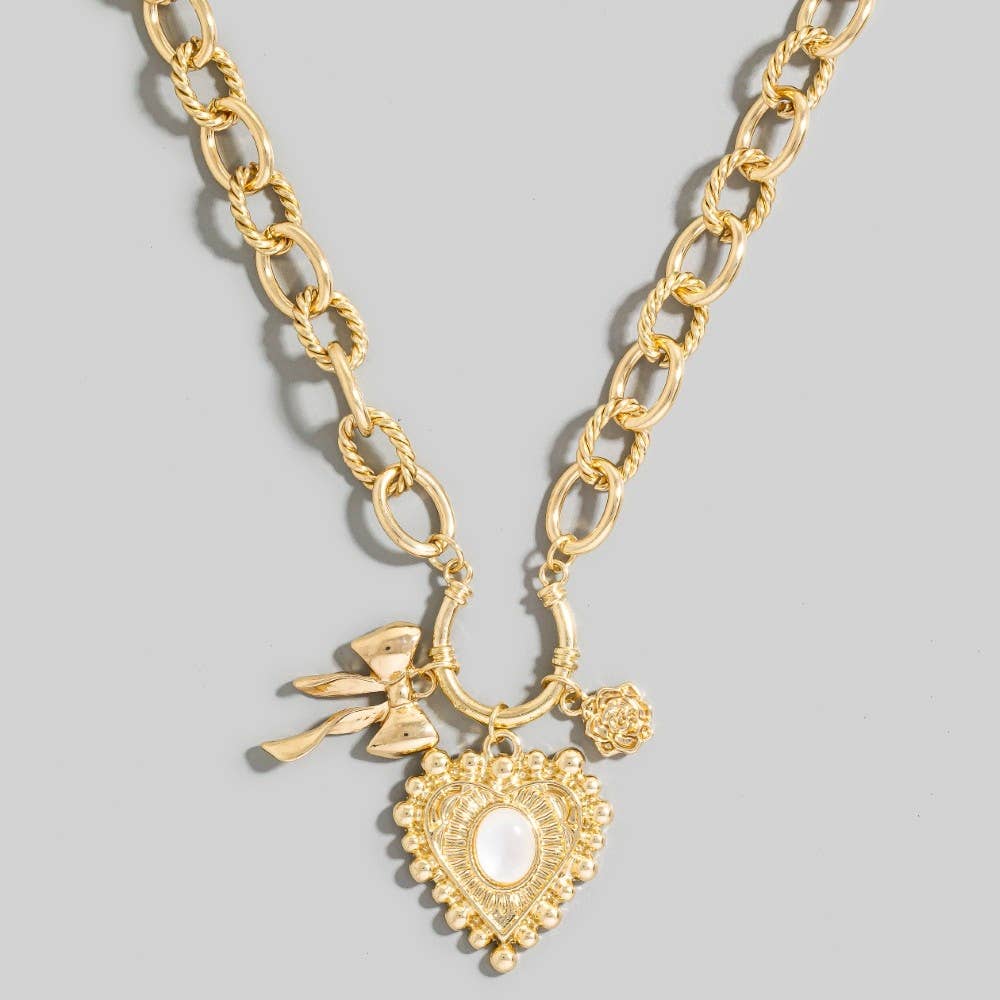Heart And Ribbon Bow Pendants Chain Necklace
