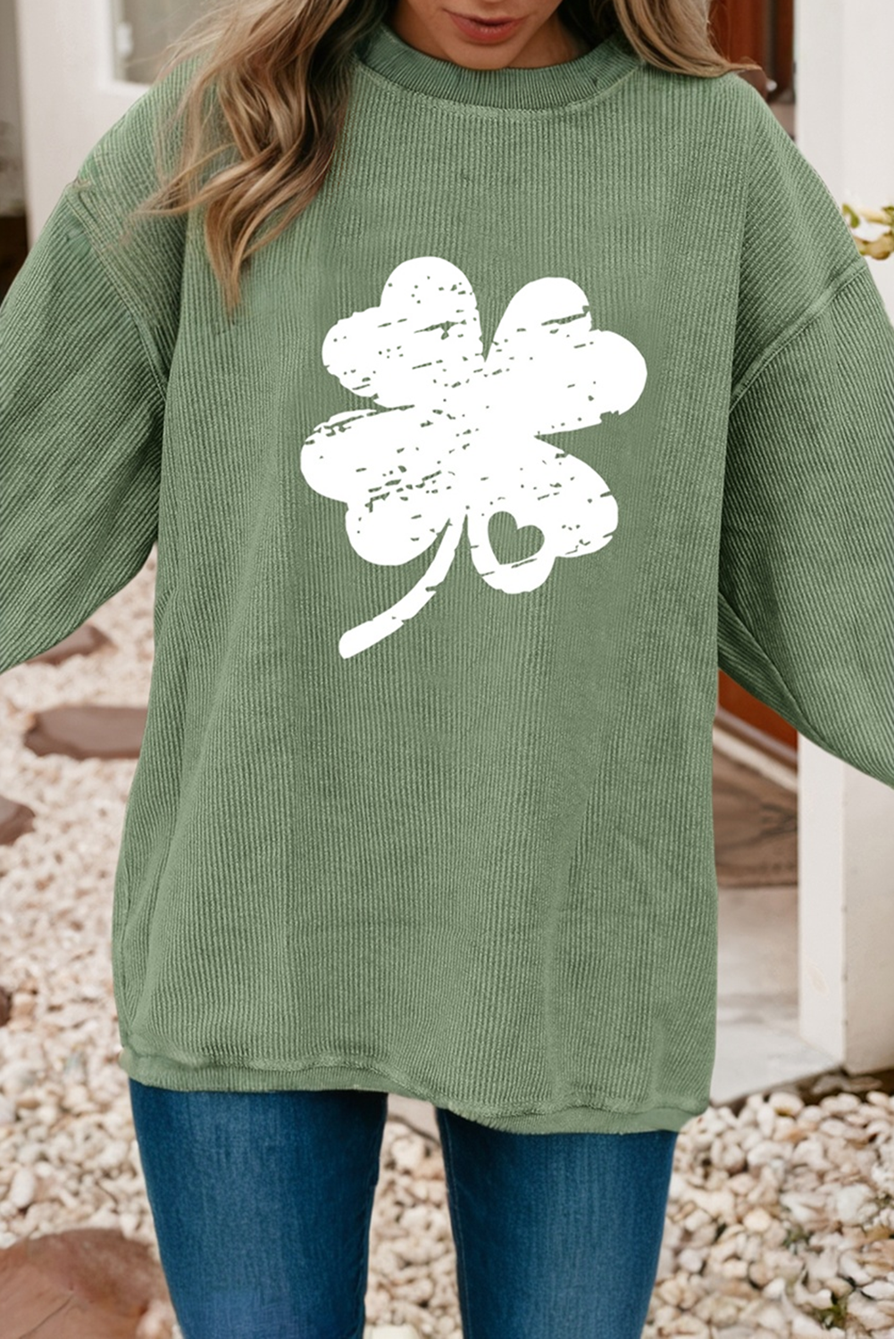 LDC Distressed Clover Print St Patricks Corded Sweatshirt