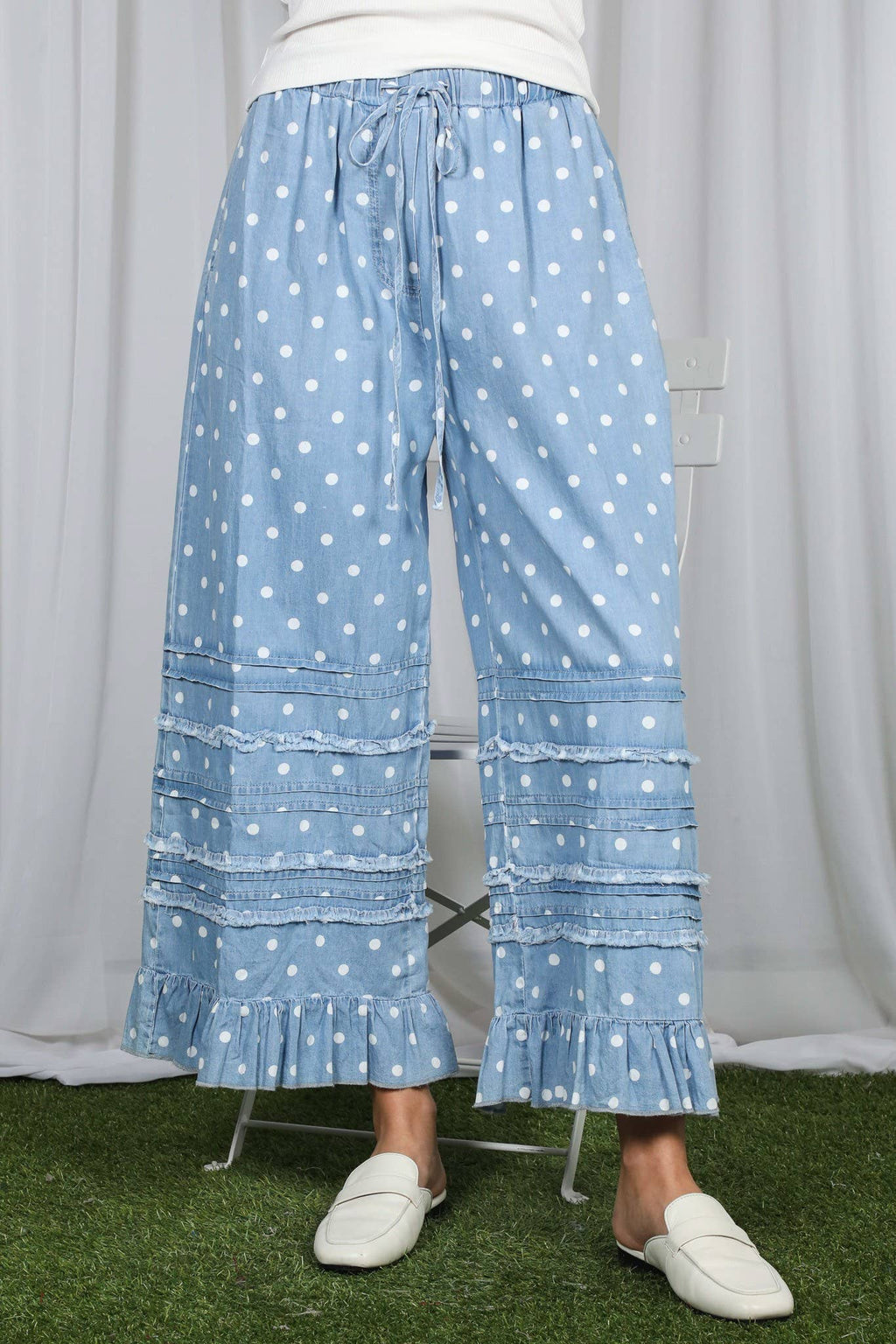Polka Dot Flared Ruffle Crop Denim Pants