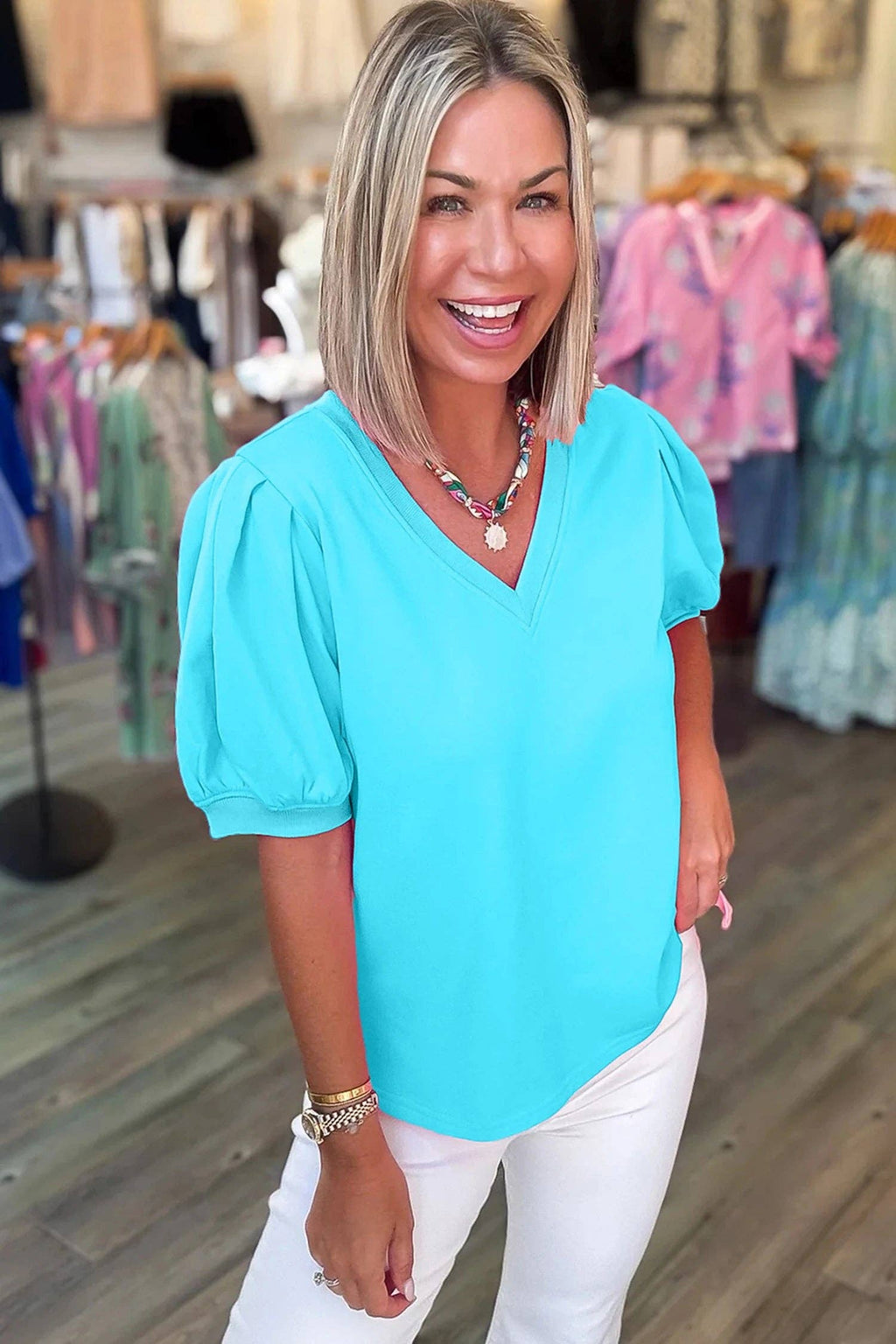 Bonbon Solid V Neck Puff Sleeve Lightweight Blouse Top