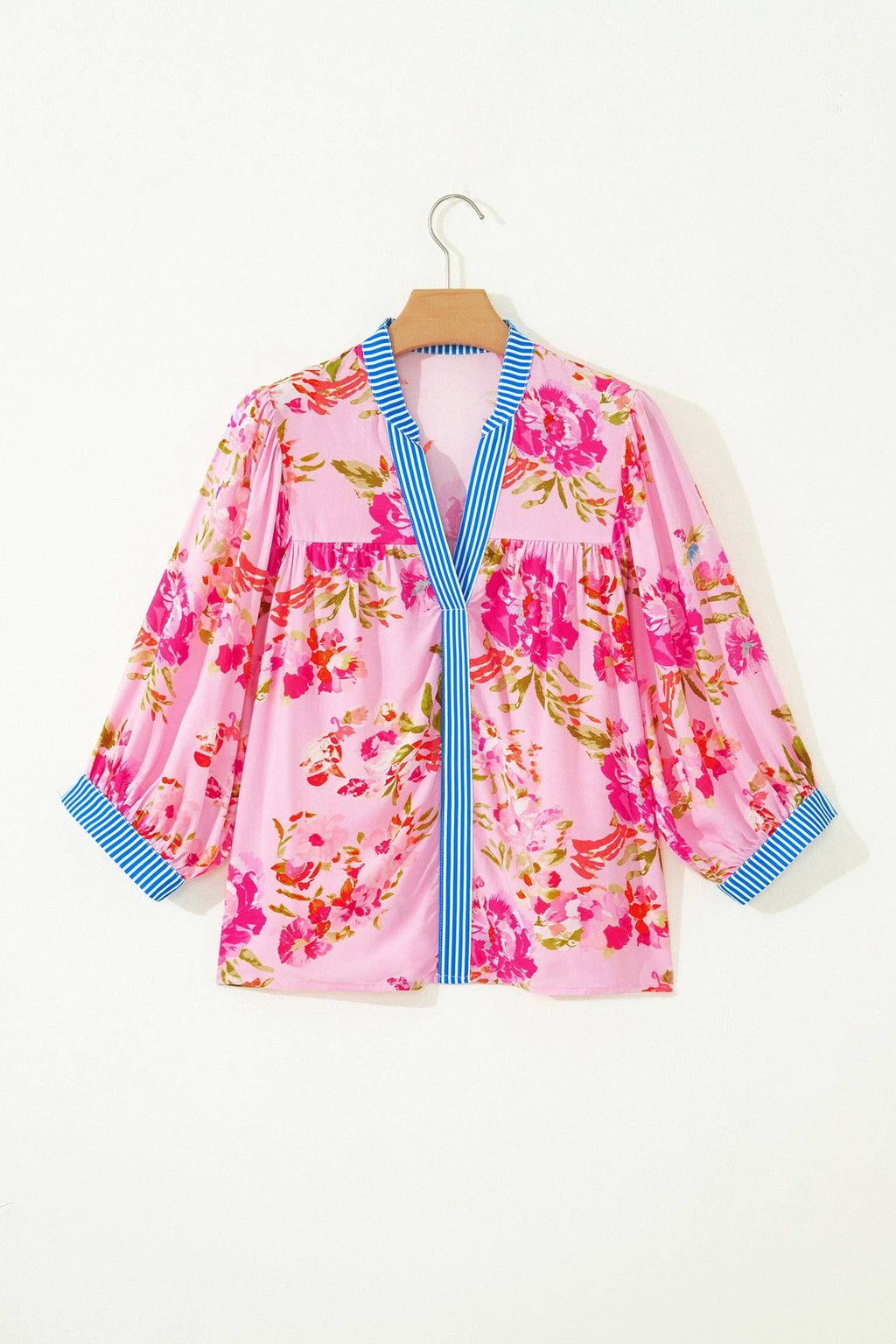 PRETTY BASH Floral 3/4 Sleeve Stripe Trim Blouse