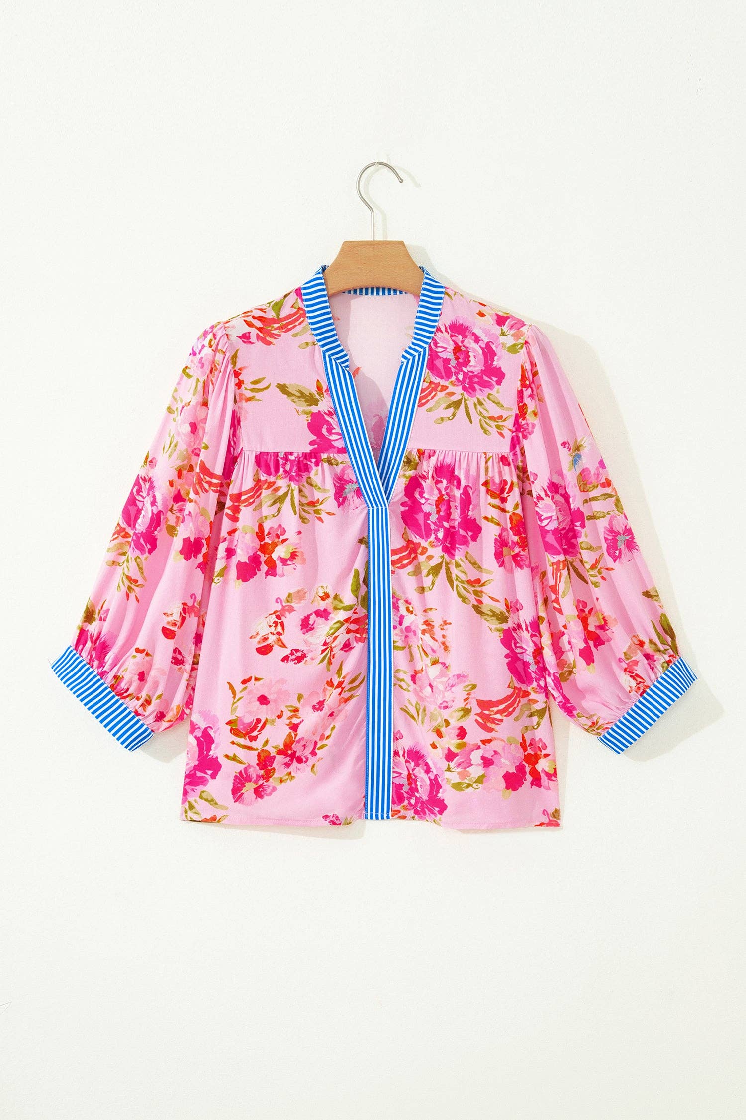 PRETTY BASH Floral 3/4 Sleeve Stripe Trim Blouse