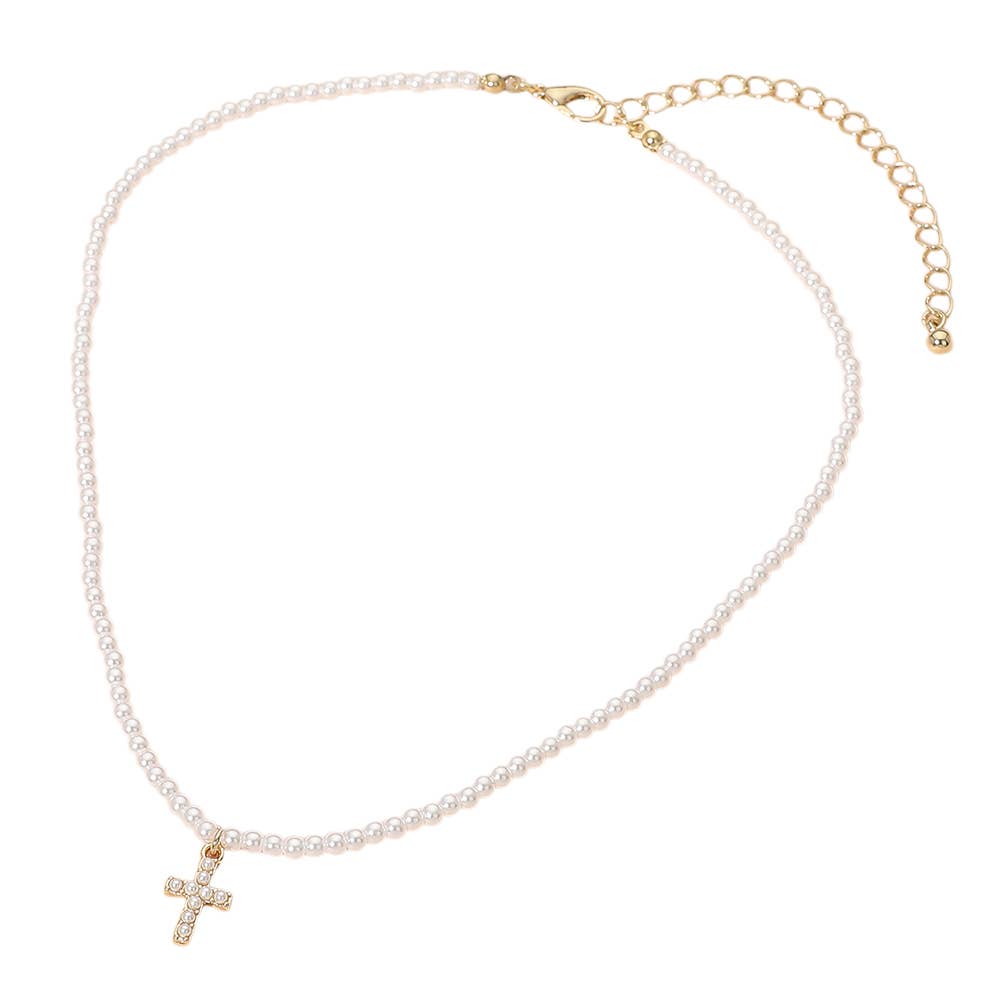 Cross Charm Pendant Pearl Beaded Choker Necklace