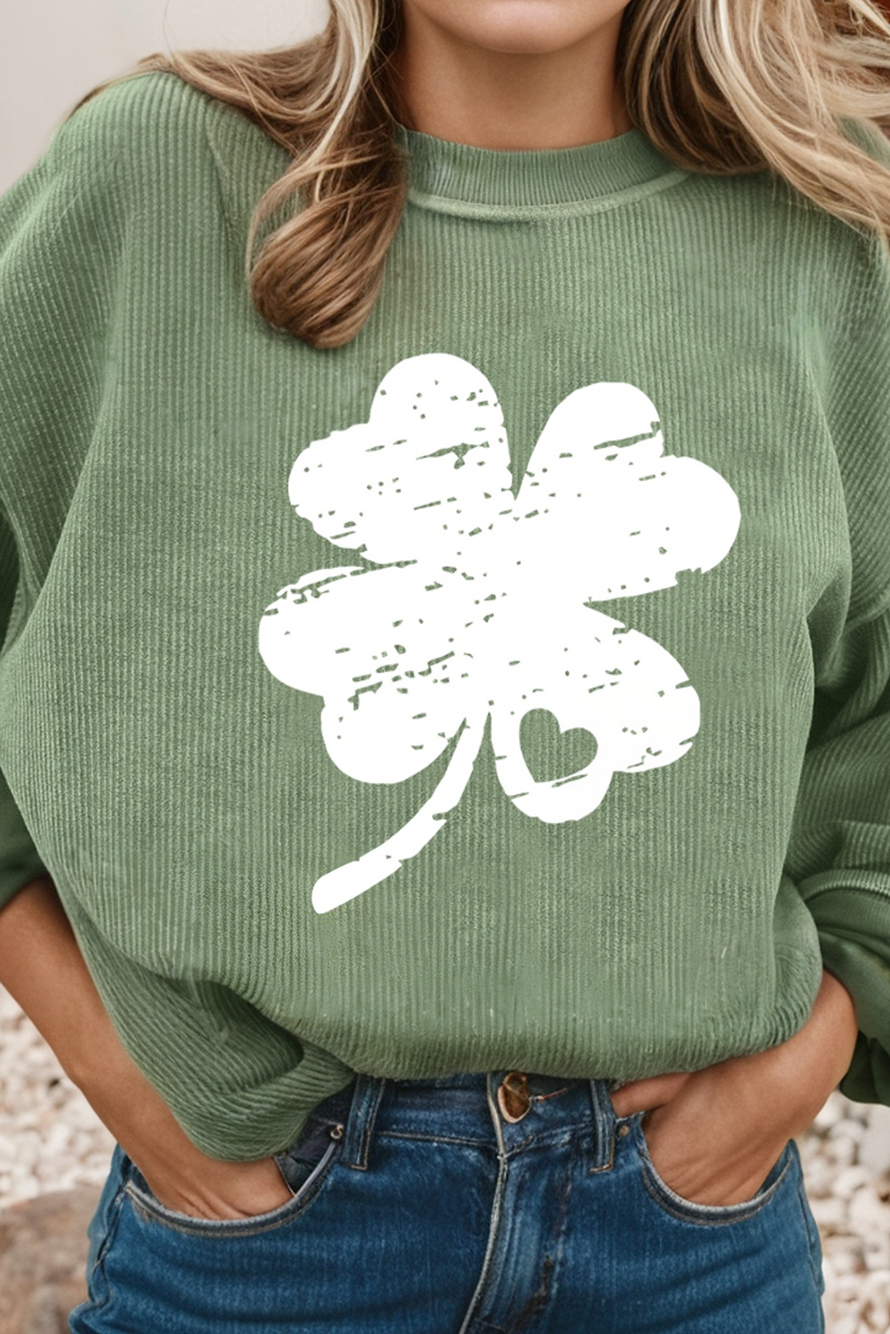 LDC Distressed Clover Print St Patricks Corded Sweatshirt
