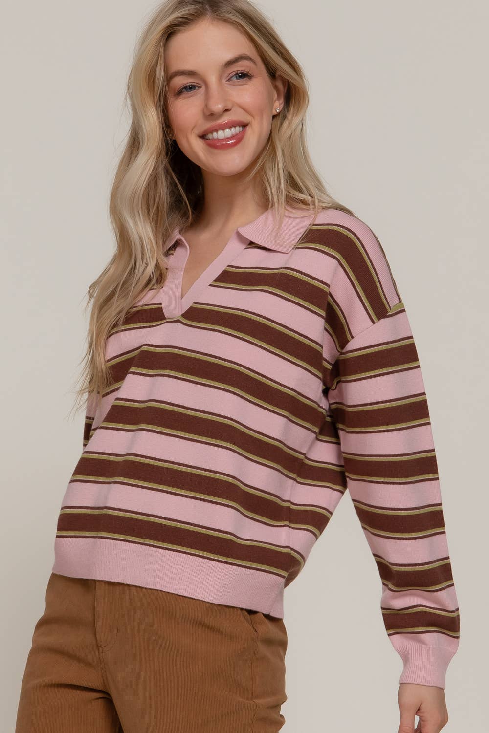 Long Sleeve Multi Stripe Polo Sweater