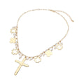 Hammered Metal Cross Pearl Charm Embellished Necklace