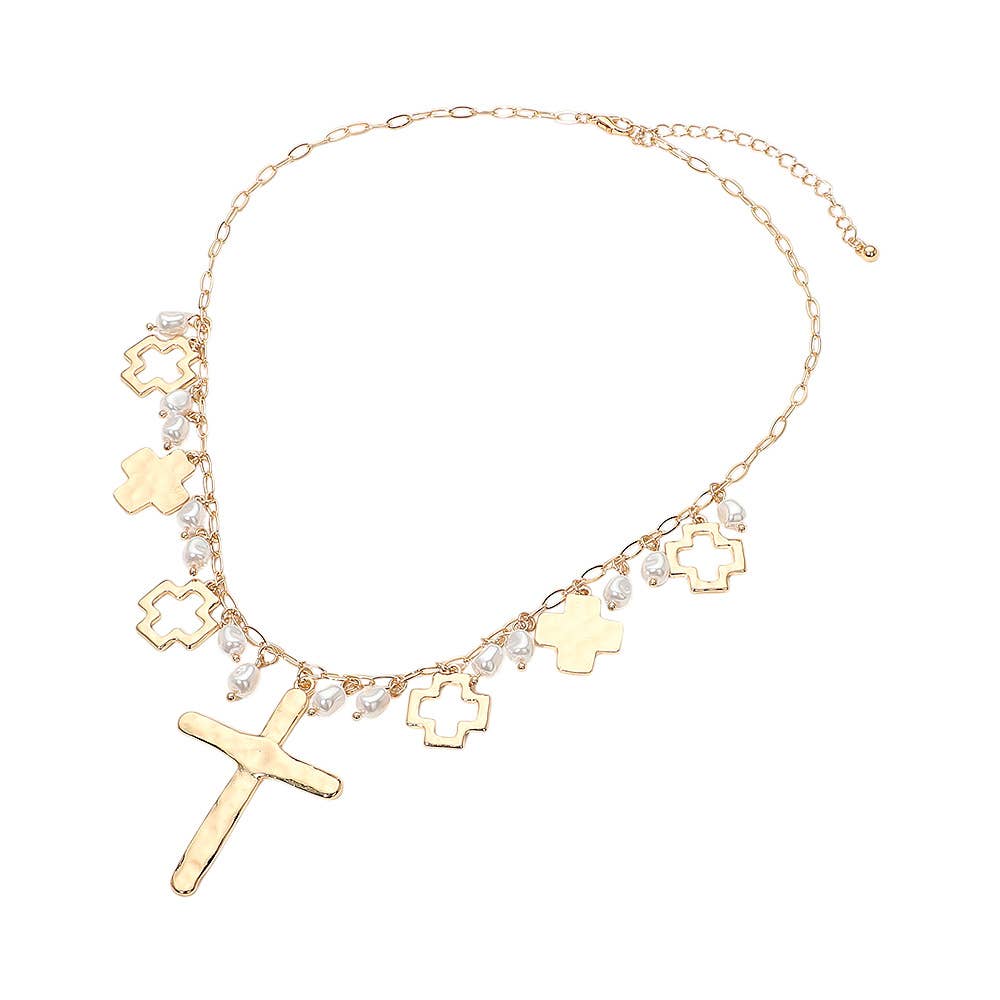 Hammered Metal Cross Pearl Charm Embellished Necklace