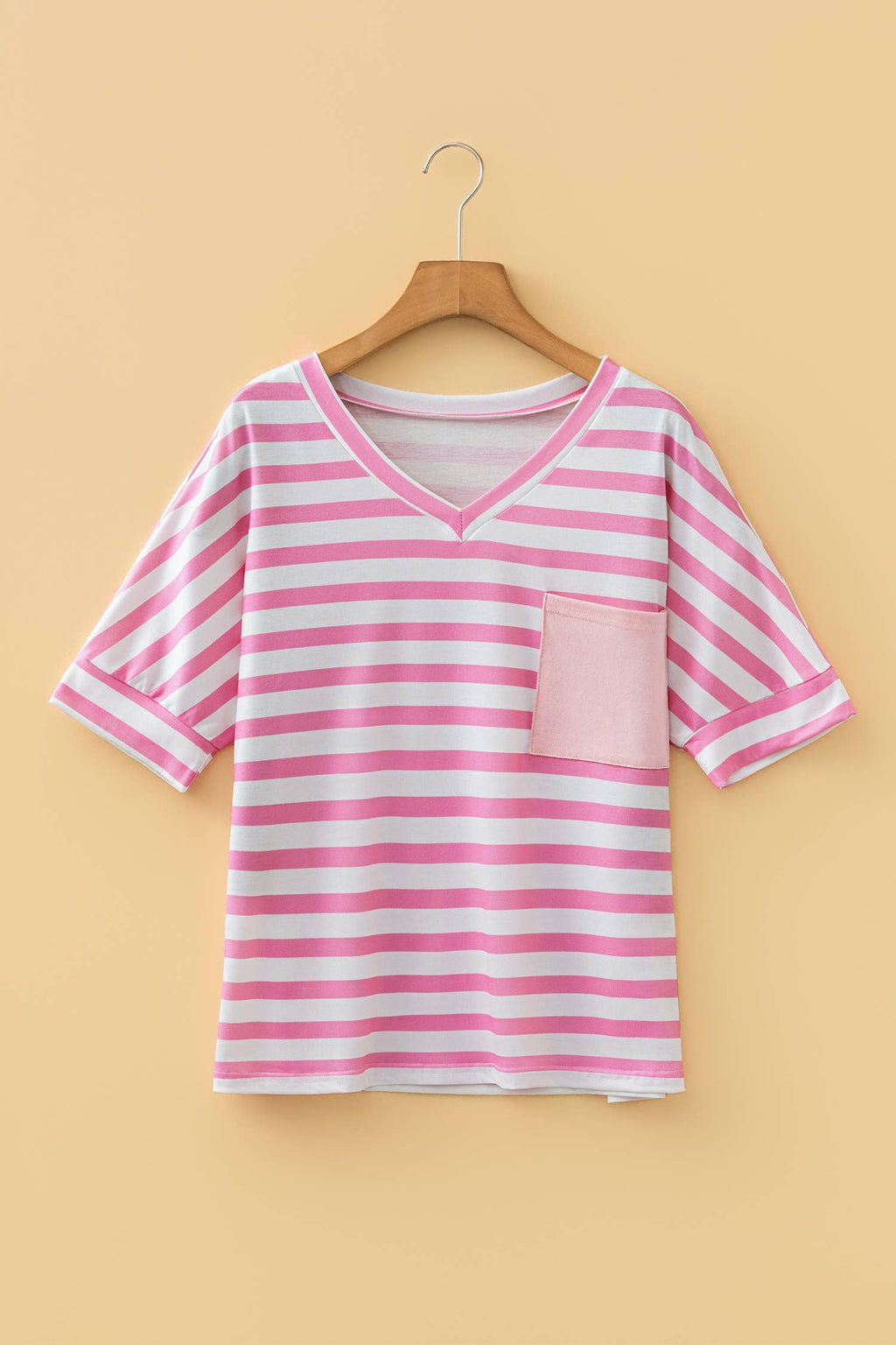 Plus Size Stripe V Neck Patched Pocket Casual T Shirt (S-4X)