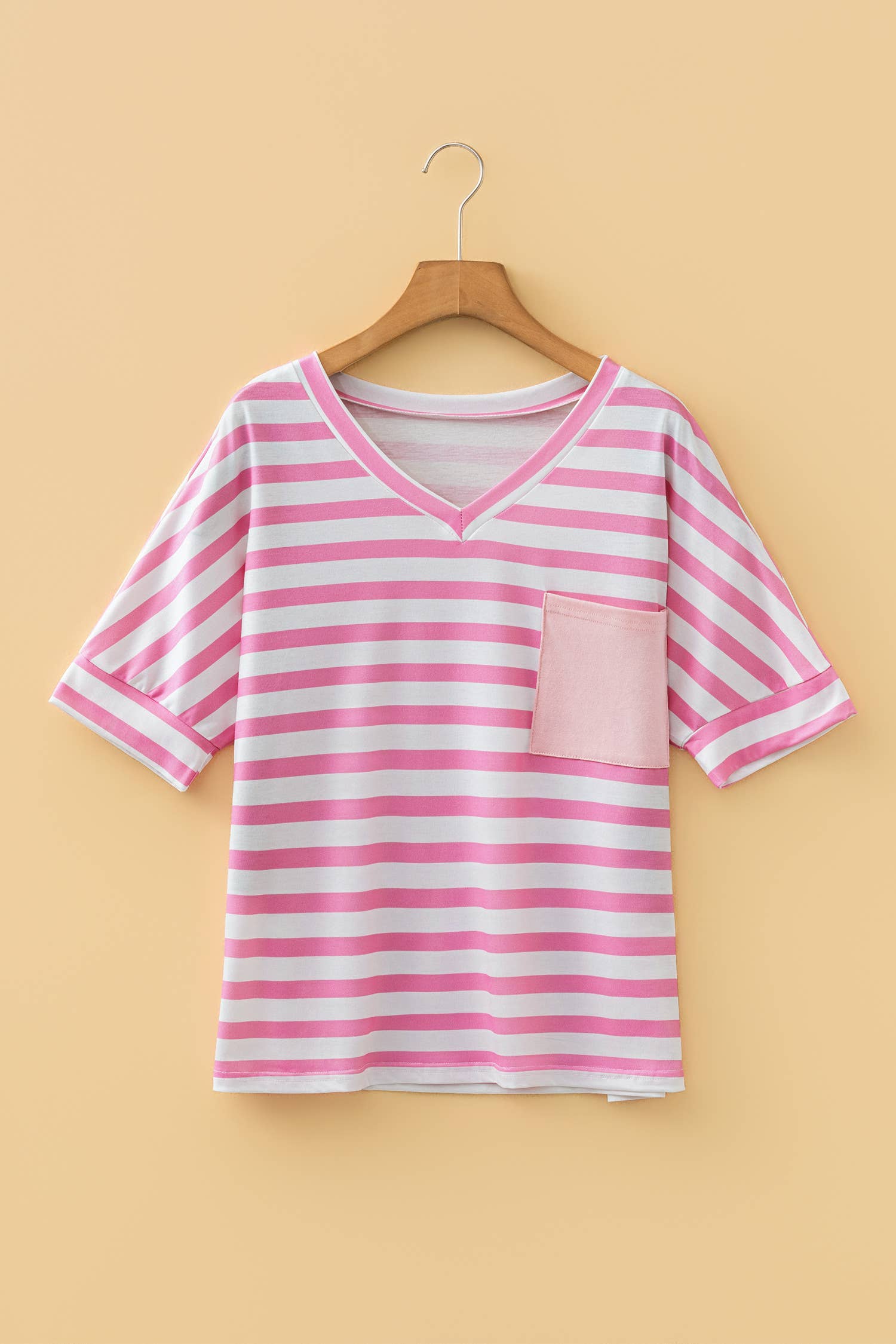 Plus Size Stripe V Neck Patched Pocket Casual T Shirt (S-4X)