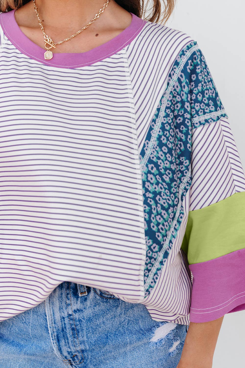 Stripe Floral Raw Edge Patchwork Bracelet Sleeve Top | S-XL