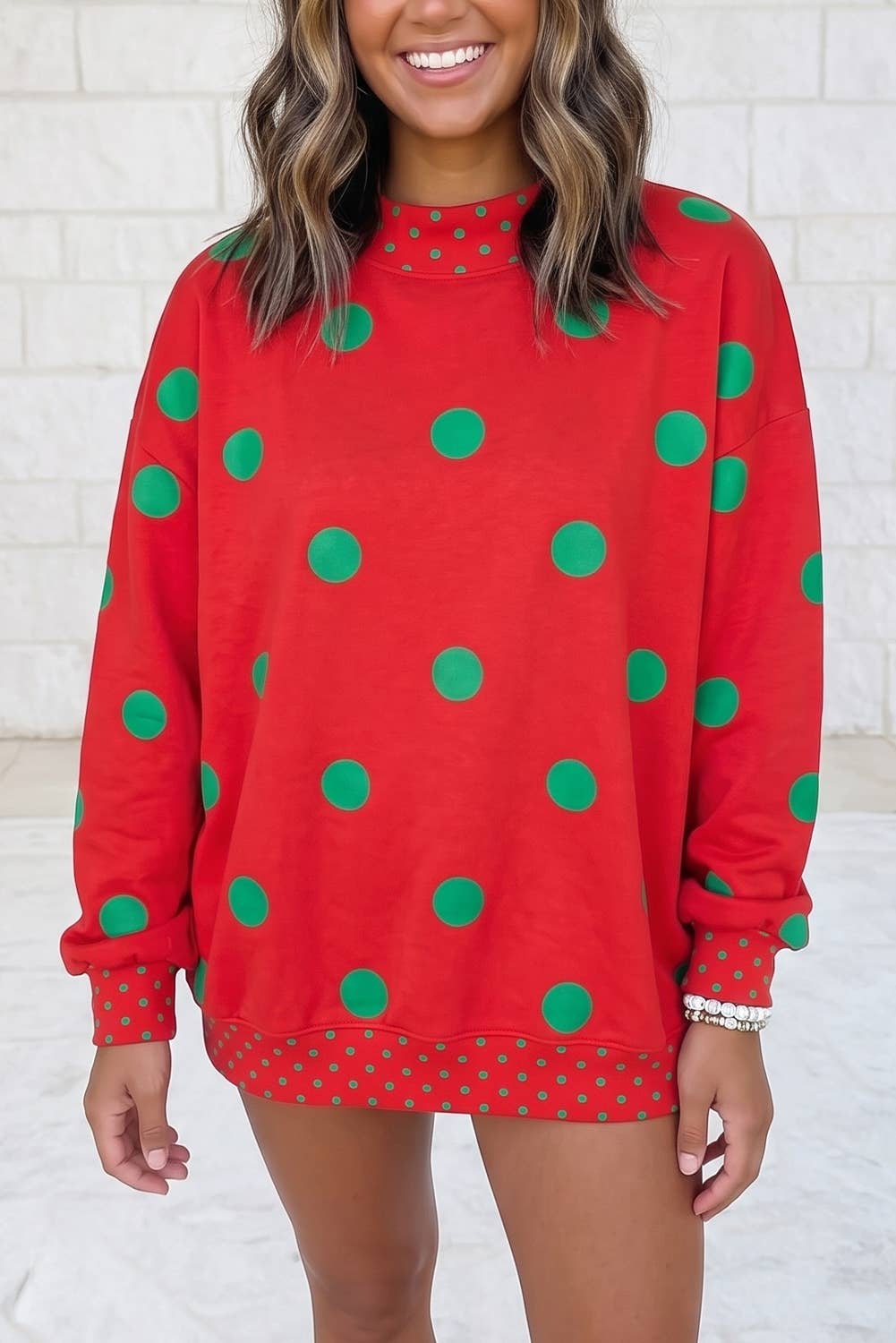 Polka Dot Print Contrast Detail Tunic Mock Neck Sweatshirt