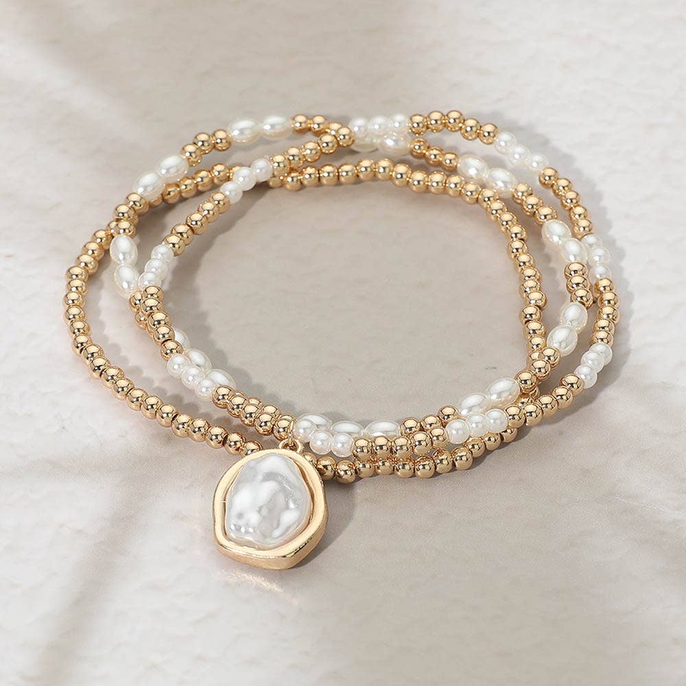 3PCS - Pearl Charm Beaded Stretch Multi Layered Bracelets