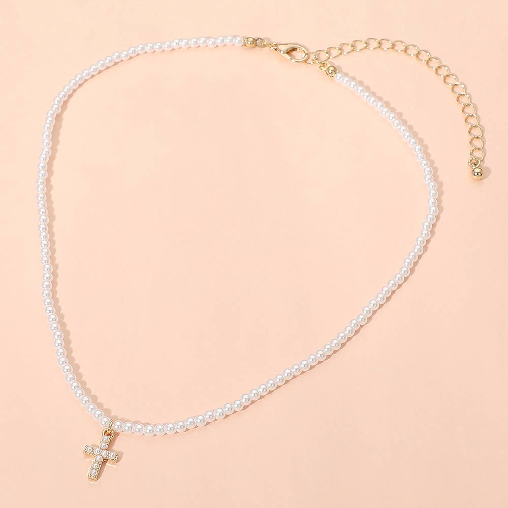 Cross Charm Pendant Pearl Beaded Choker Necklace