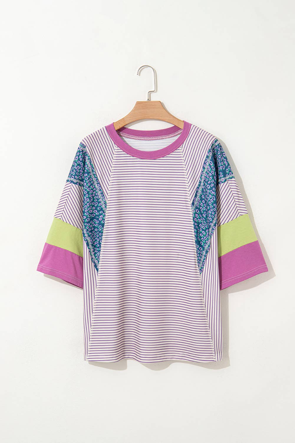 Stripe Floral Raw Edge Patchwork Bracelet Sleeve Top | S-XL