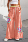 Floral Patch Drawstring Contrast Wide Leg Pants | S-XL