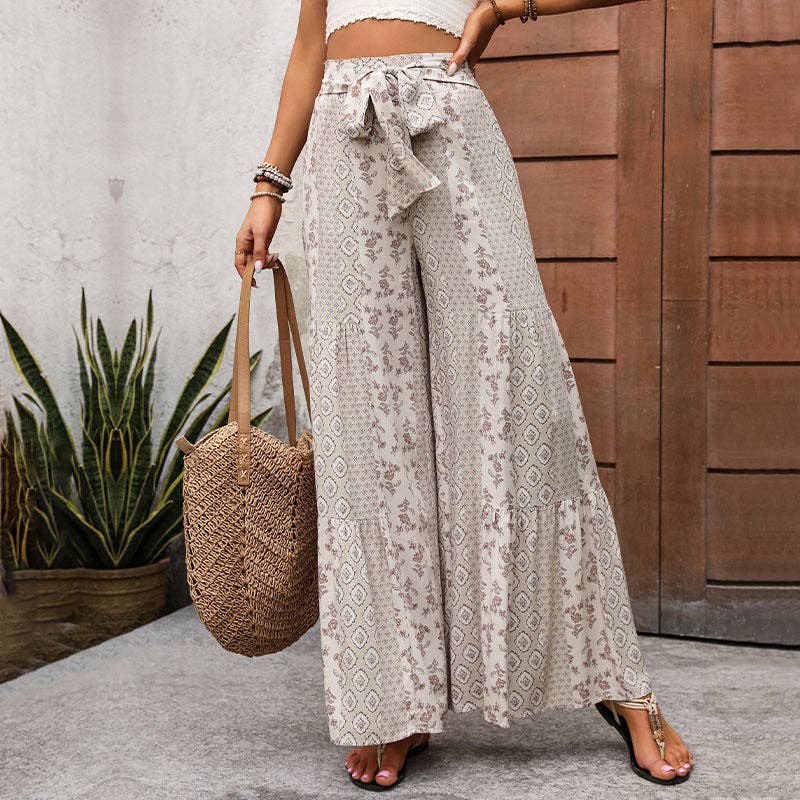Printed Rayon Pants Boho Tie Waist Wide Leg