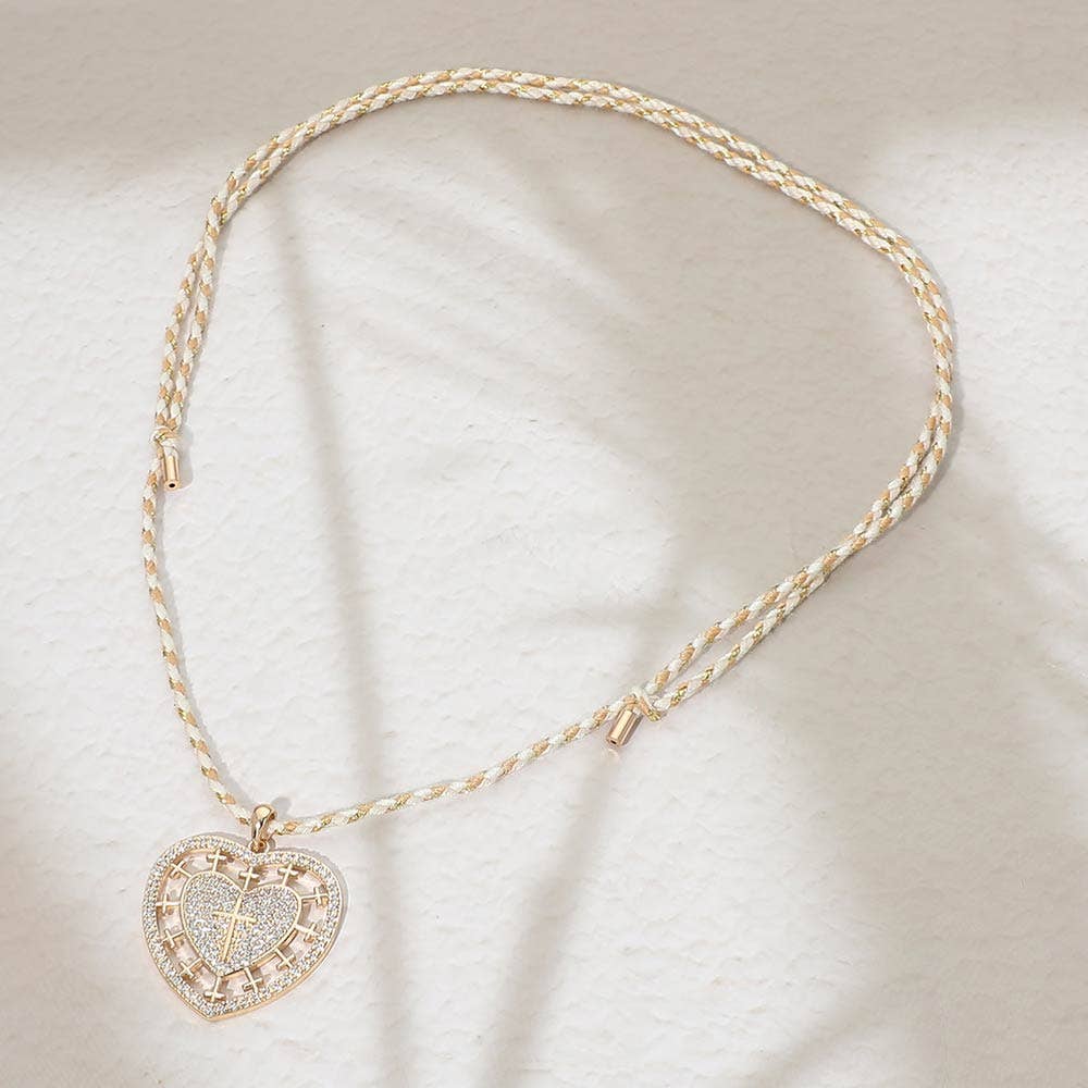 Heart Cross Pendant Twisted Thread Adjustable Necklace