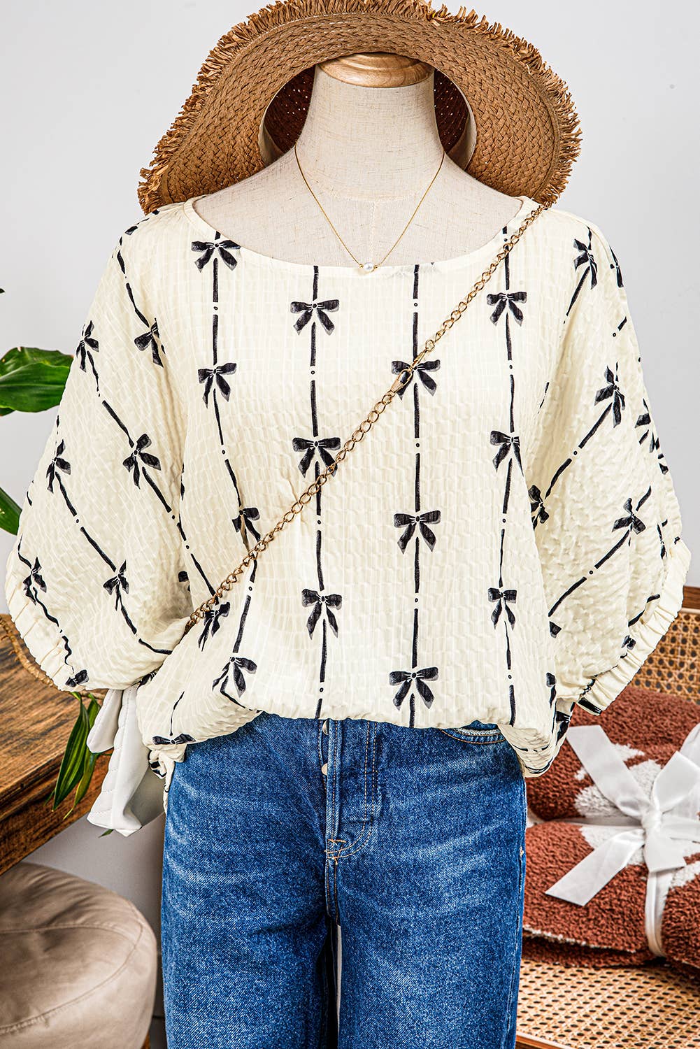 Spring Fashion-W Bow Print Puff Short Sleeve Top