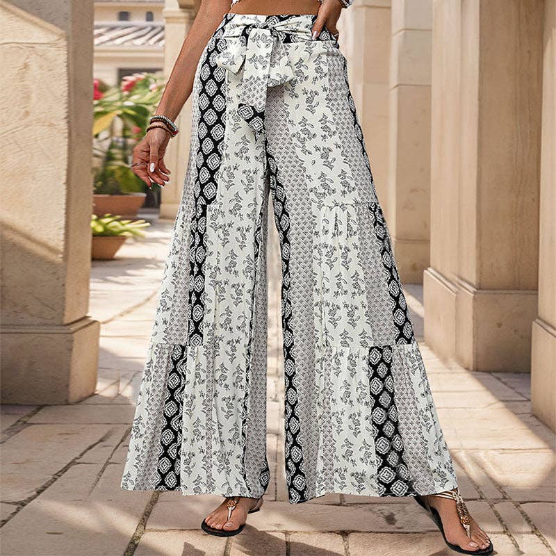 Printed Rayon Pants Boho Tie Waist Wide Leg