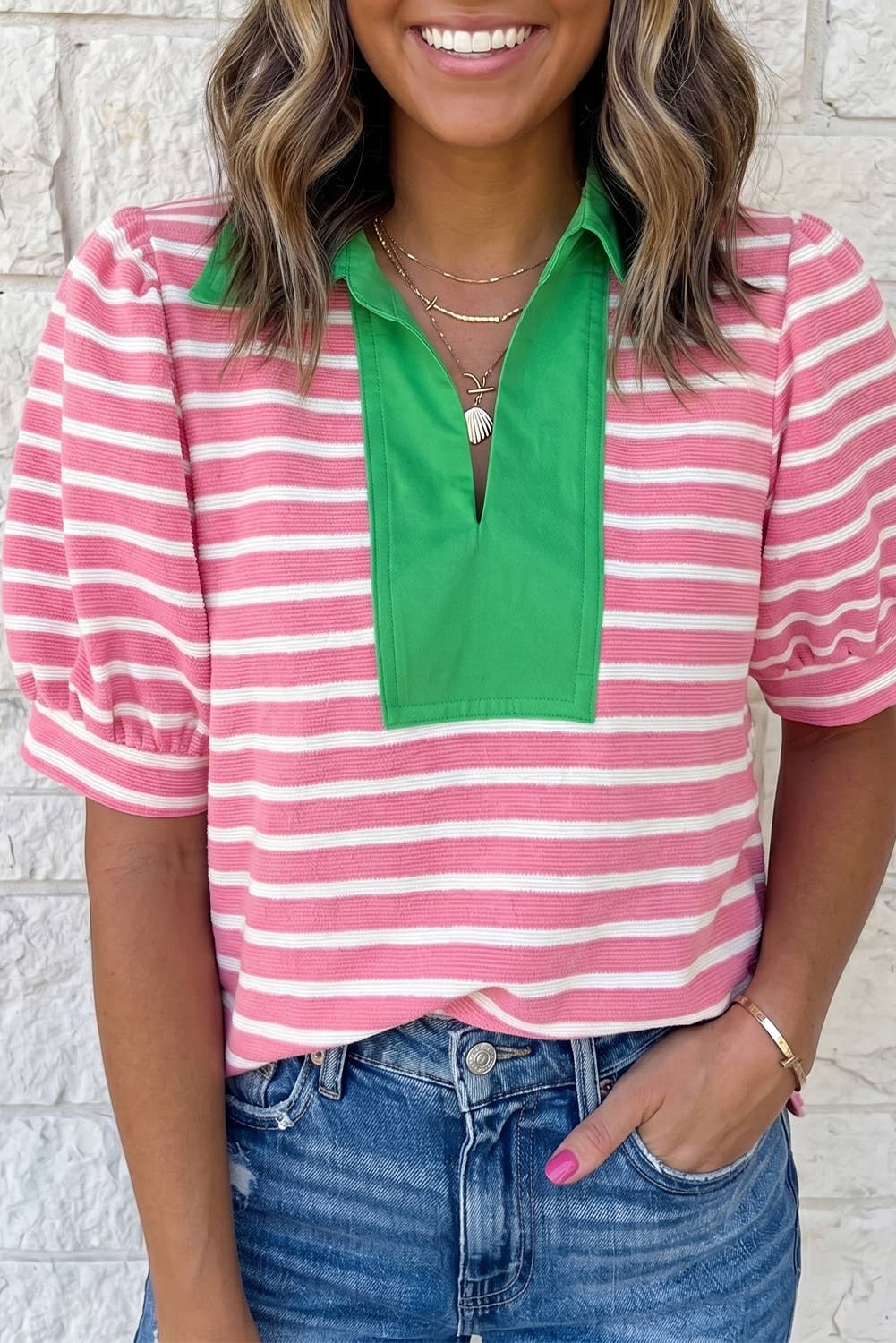 Short Puff Sleeve Color Block Polo Collar Blouse