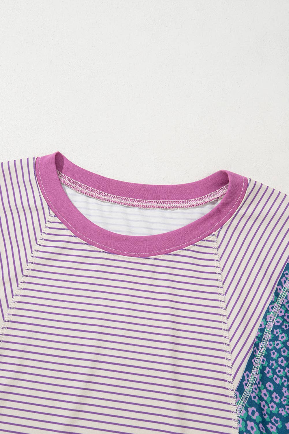 Stripe Floral Raw Edge Patchwork Bracelet Sleeve Top | S-XL