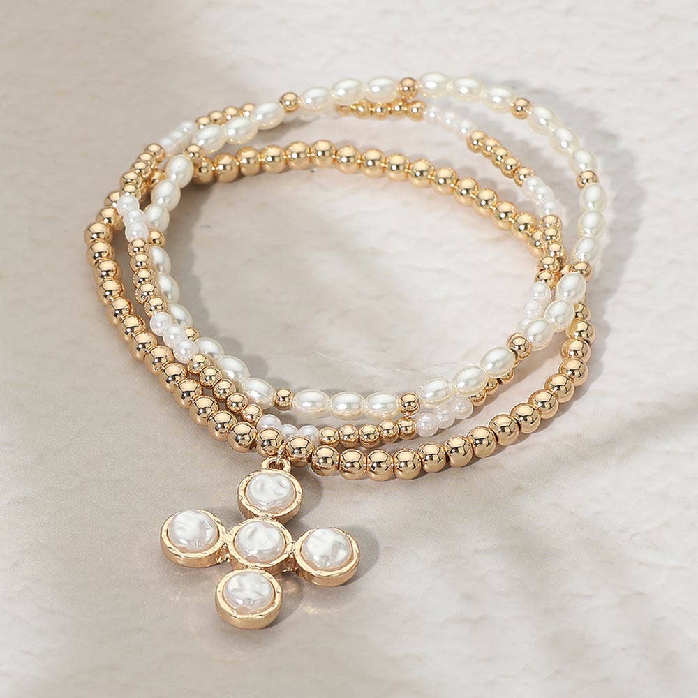 3PCS - Pearl Cross Charm Beaded Stretch Multi Layered Bracelets
