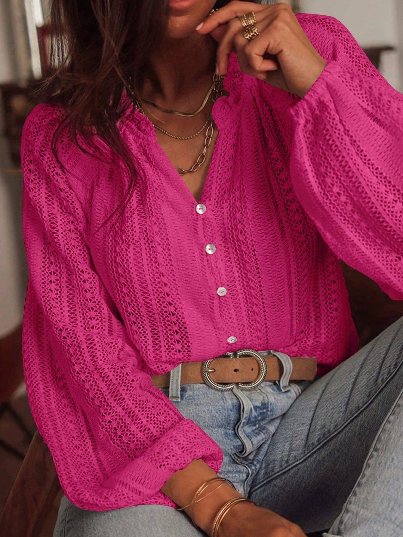 Lace V-Neck Button Blouse Puff Sleeve Elegant Top