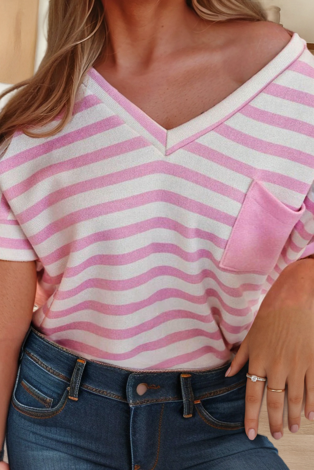 Plus Size Stripe V Neck Patched Pocket Casual T Shirt (S-4X)