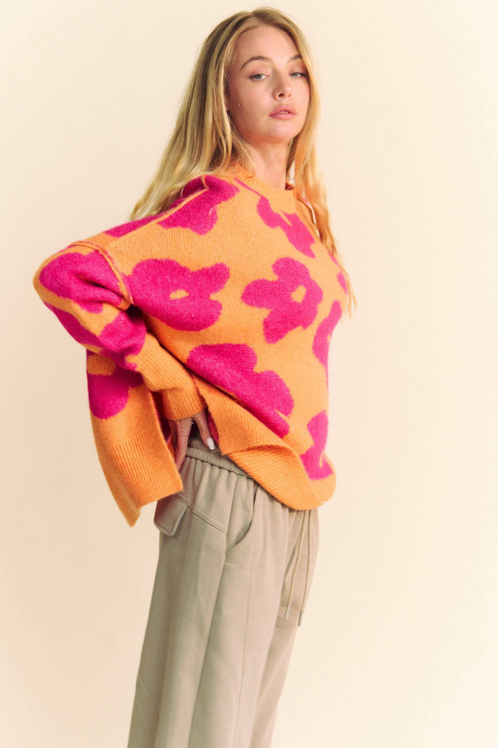 FLORAL LONG SLEEVE LOOSE FIT PULLOVER KNIT SWEATER