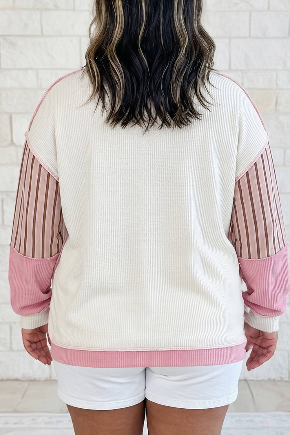 Colorblock Plaid Panel Long Sleeve Plus Size Blouse