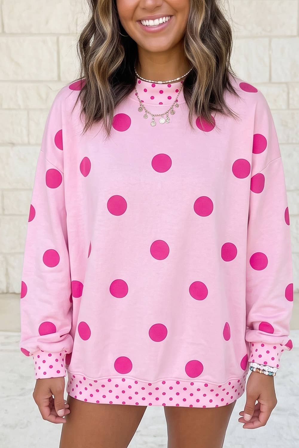 Polka Dot Print Contrast Detail Tunic Mock Neck Sweatshirt