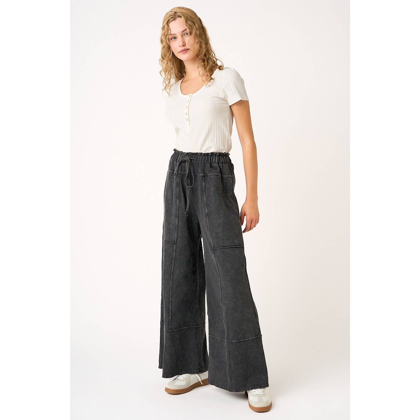 MINERAL WASH SEAM DETAIL WIDE LEG PANTS