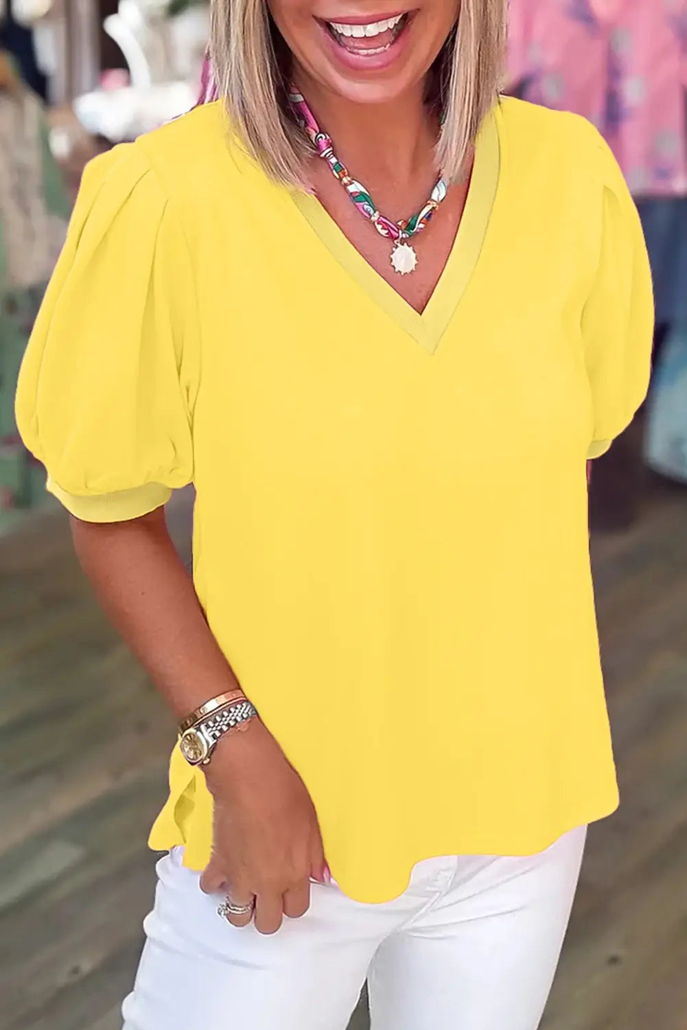 Bonbon Solid V Neck Puff Sleeve Lightweight Blouse Top