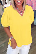 Bonbon Solid V Neck Puff Sleeve Lightweight Blouse Top