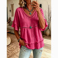 Eyelet Trim Linen V Neck Ruffle Sleeve Blouse