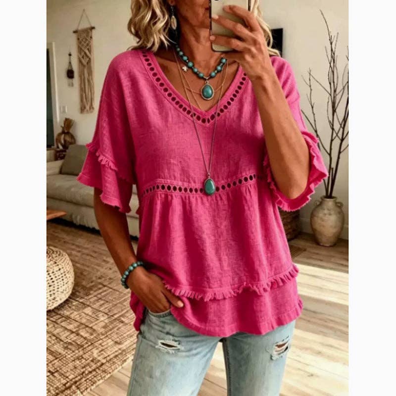 Eyelet Trim Linen V Neck Ruffle Sleeve Blouse