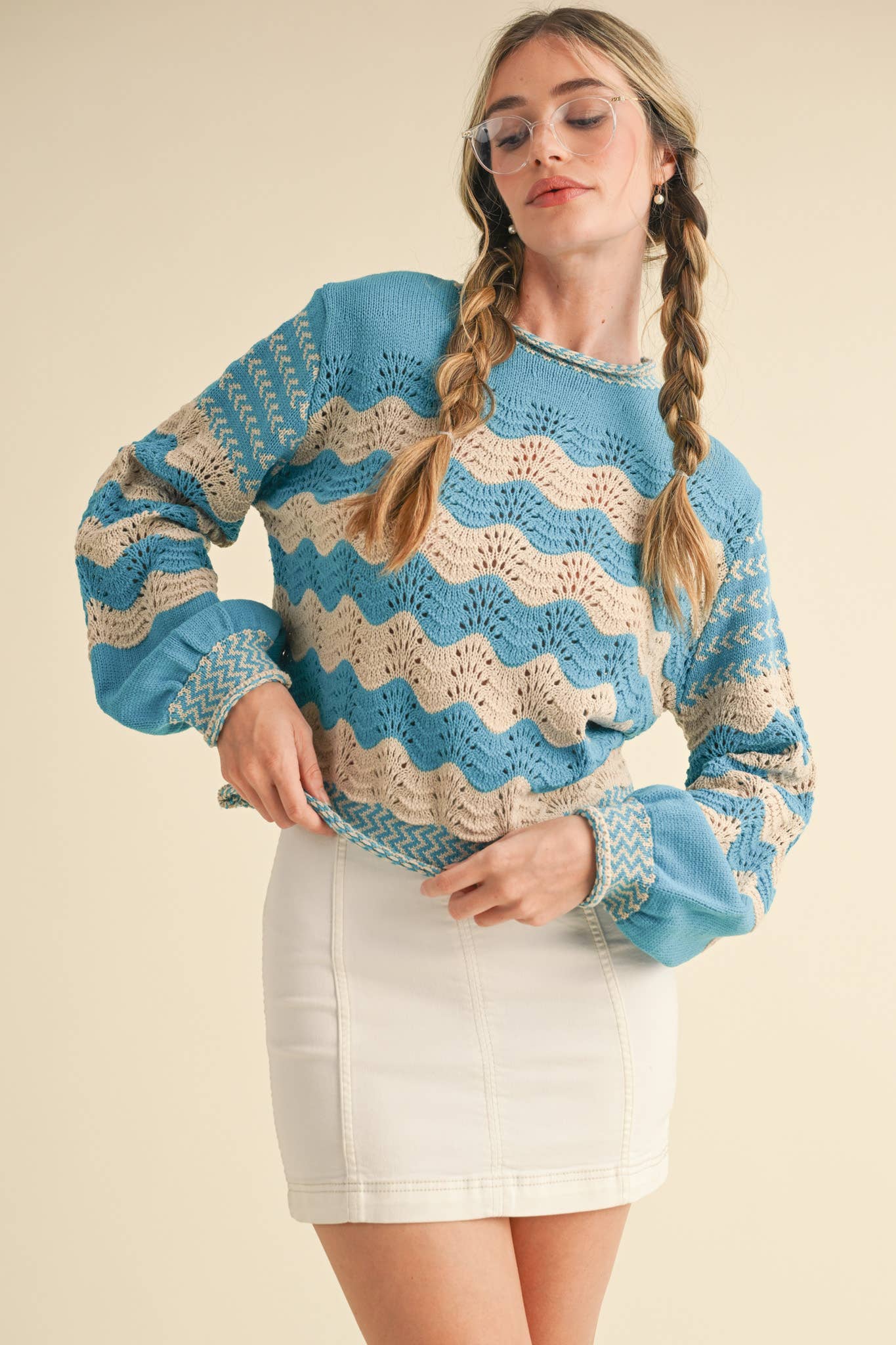 WAVY STRIPE PUFF SLEEVE SWEATER MSW10693