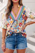 Boho Floral Crochet V Neck Half Sleeve Blouse | S-XL & 1X-4X