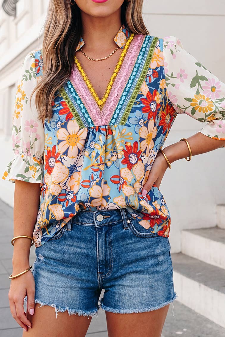 Boho Floral Crochet V Neck Half Sleeve Blouse | S-XL & 1X-4X